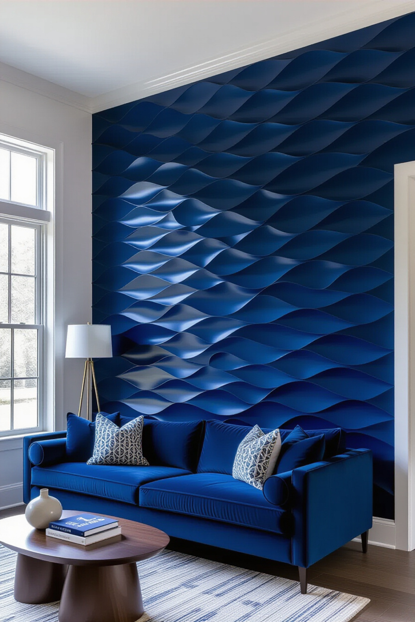 Deep Navy Living Room 3D Accent Wall