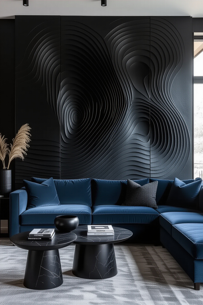 Dramatic Charcoal Living Room 3D Accent Wall