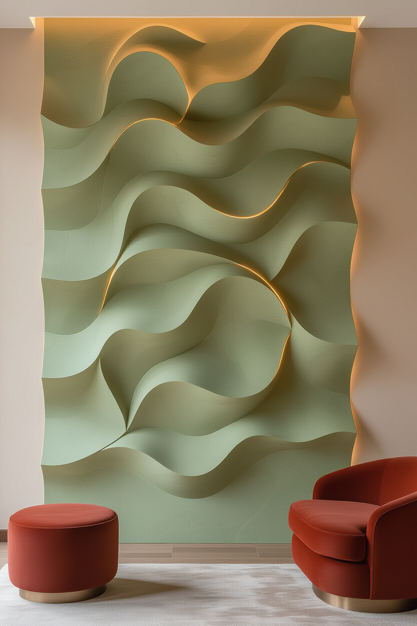 Earthy Green Living Room 3D Accent Wall