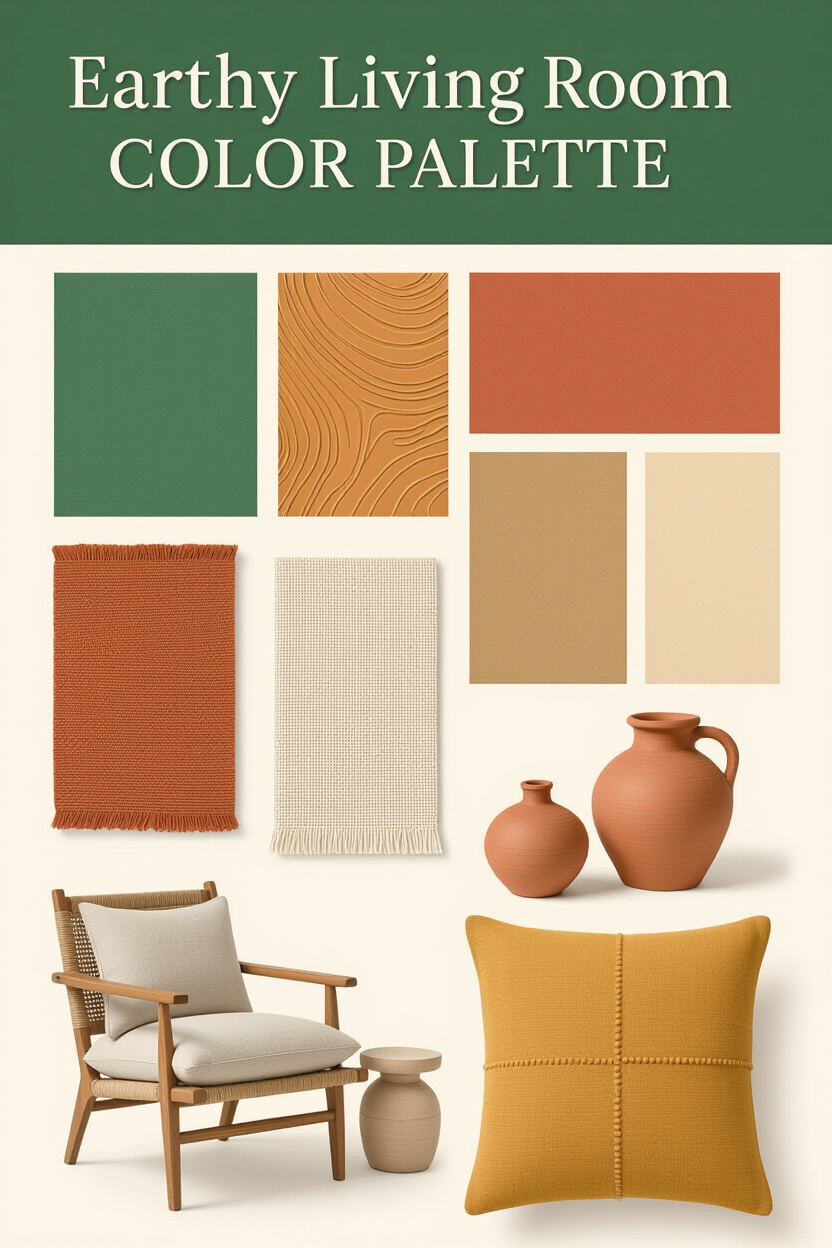 A mood board showcasing an earthy living room color palette. Swatches of deep forest green, warm ter