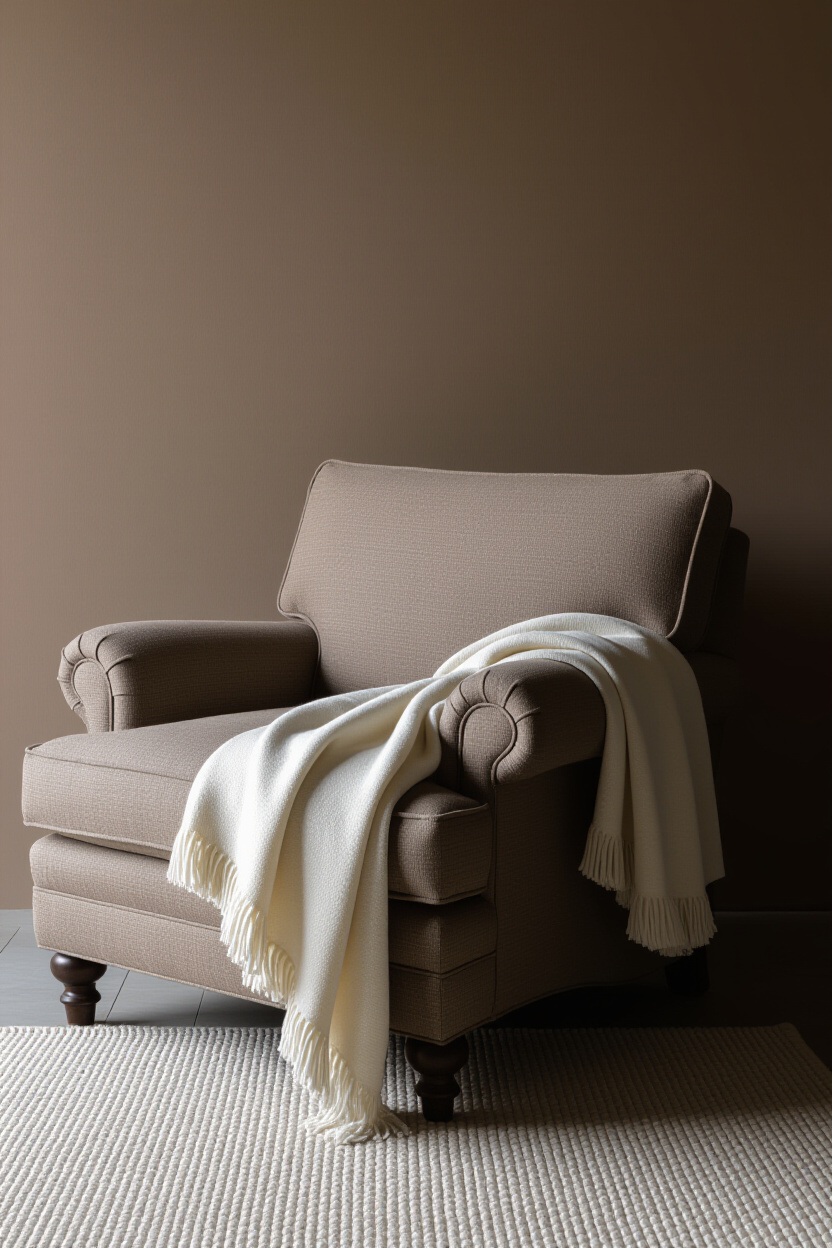 A comfortable-looking armchair upholstered in a textured, warm brown linen fabric. A soft throw is d