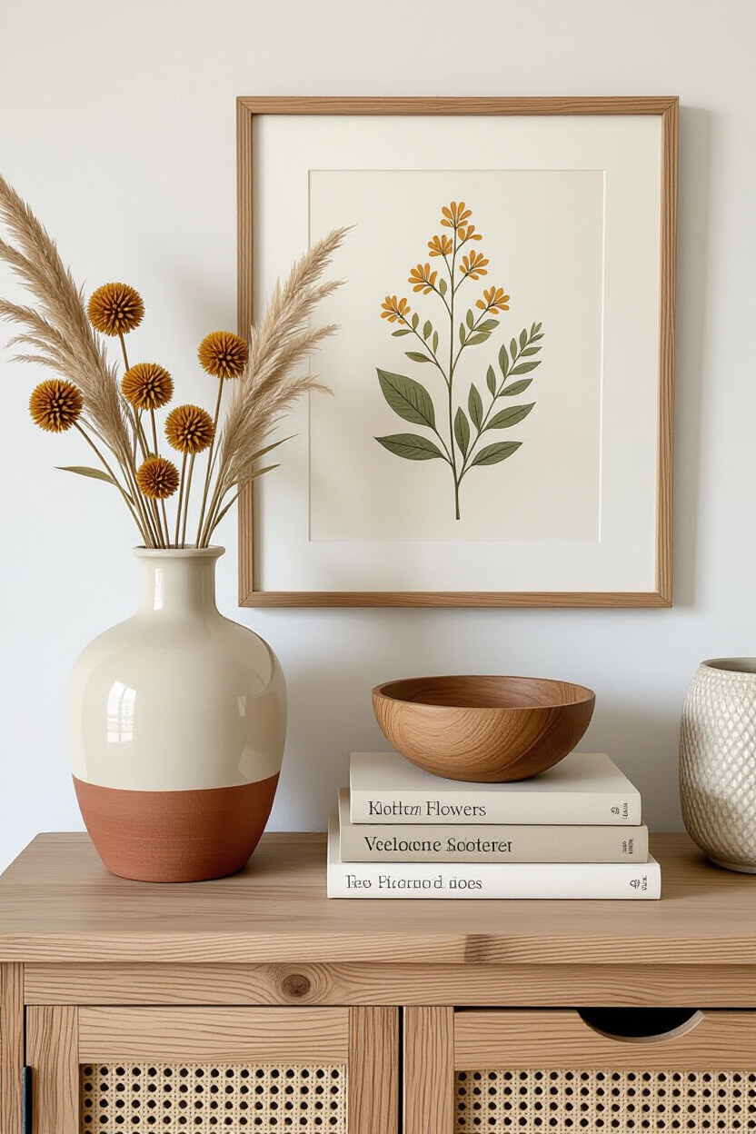 A collection of curated decor items for an earthy living room shelf: a ceramic vase with dried flowe