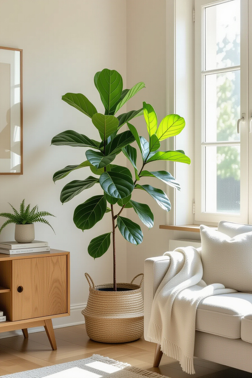 A bright corner of a living room featuring a large potted Fiddle Leaf Fig plant. Sunlight streams in