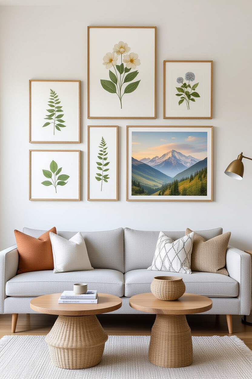 A gallery wall in a living room featuring framed botanical prints and landscape photography in simpl