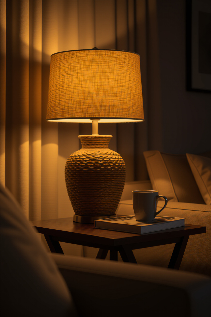 A cozy living room scene at dusk. A table lamp with a woven shade casts a warm, inviting glow on a s