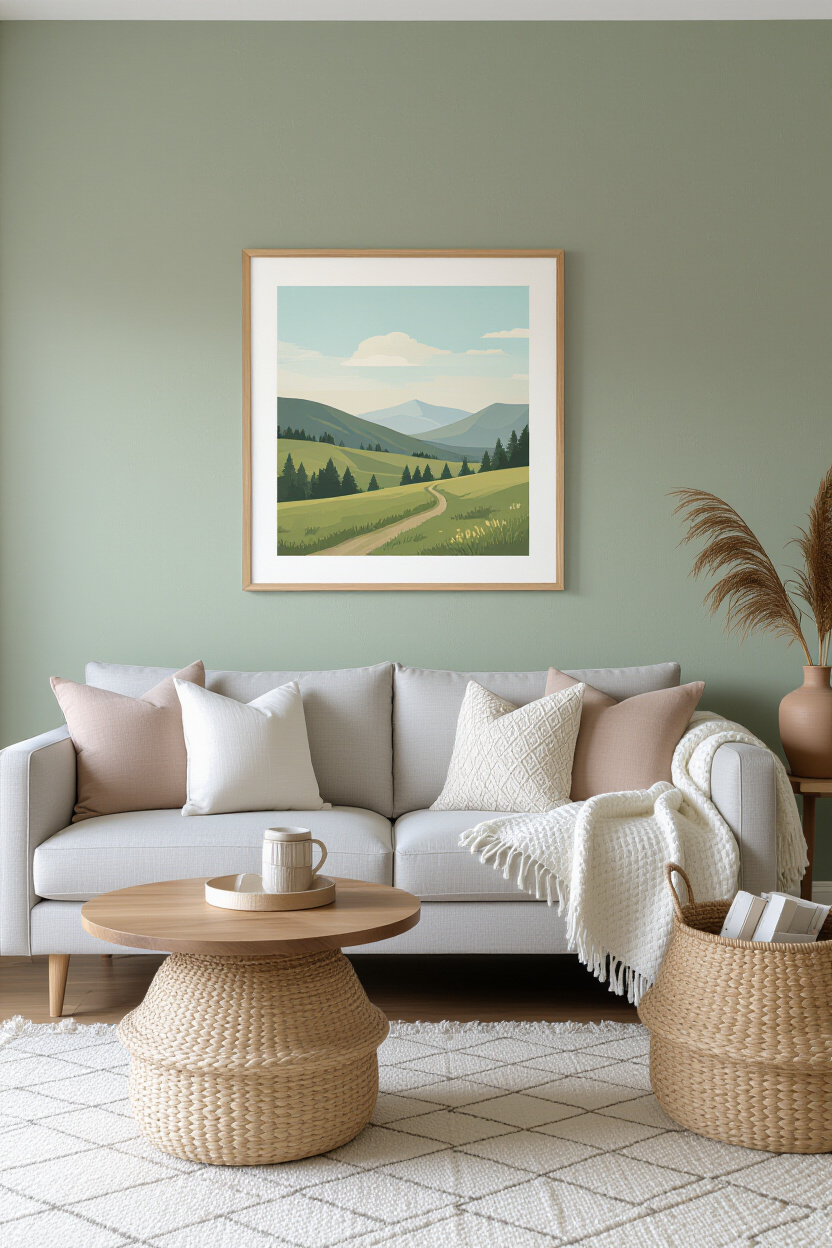 A living room wall painted in a soft, muted sage green. The wall has a subtle texture, and a simple,