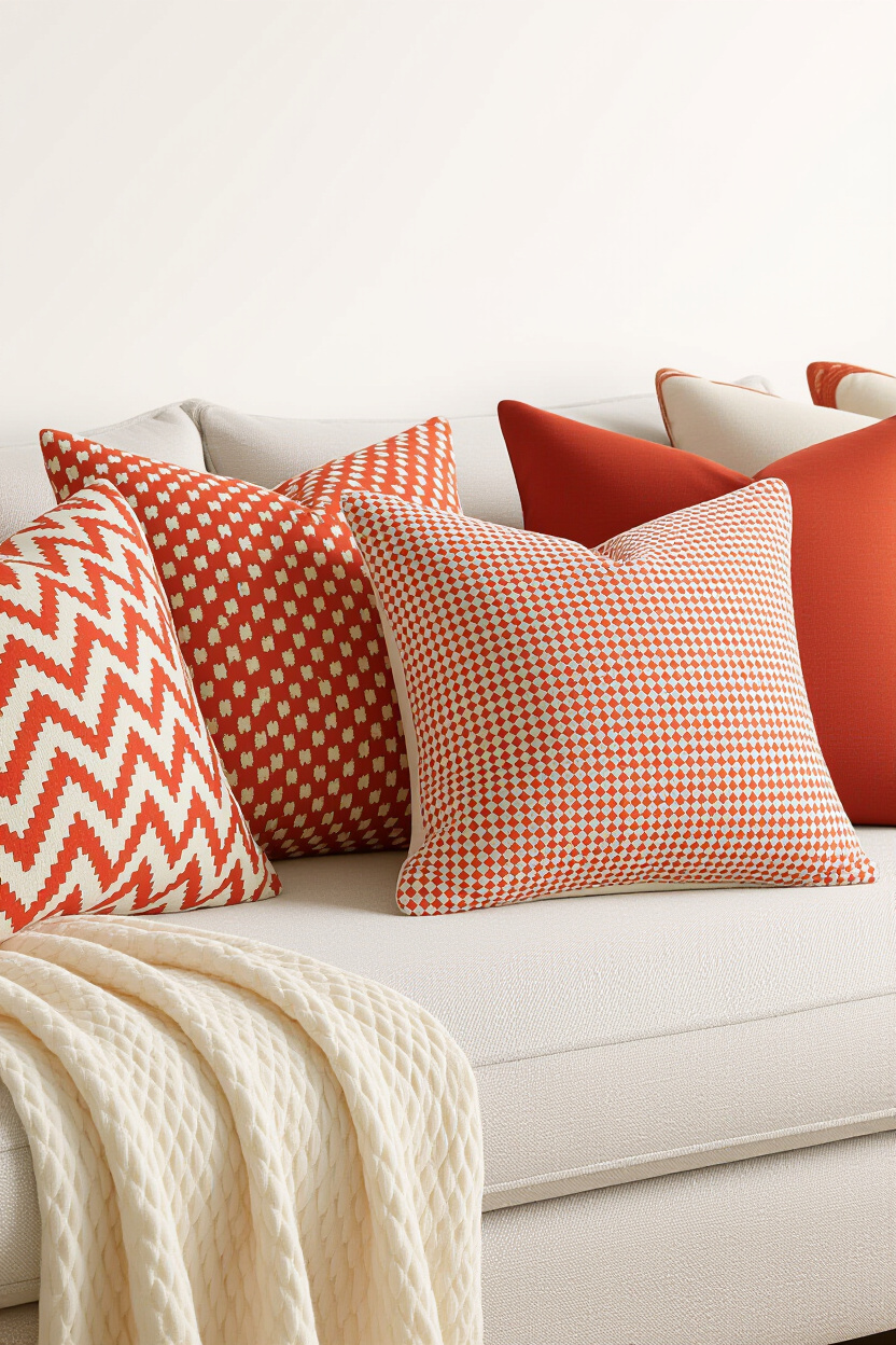 A close-up of a collection of throw pillows on a neutral-toned sofa. The pillows feature patterns an