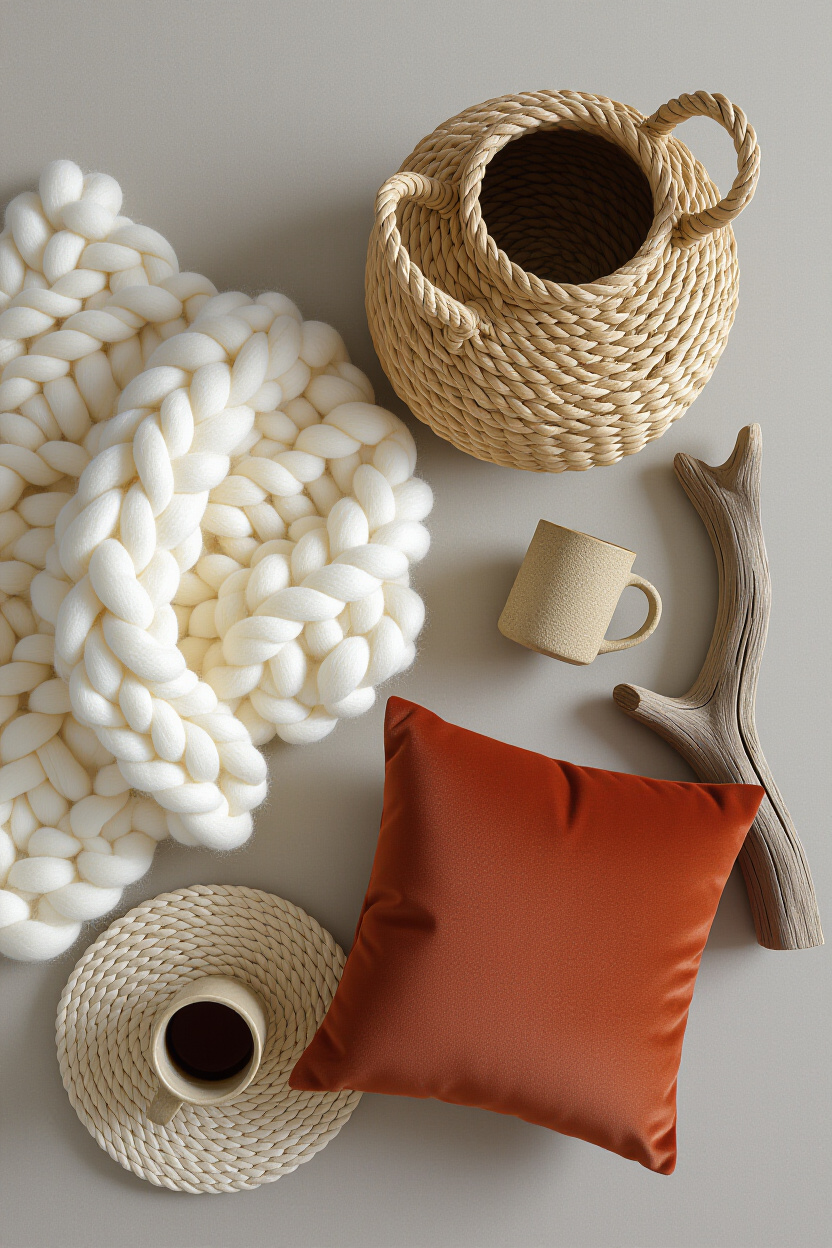 A flat lay of various textured decor items for a living room: a chunky knit throw, a woven basket, a