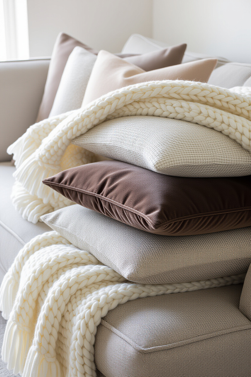 A close-up shot of a sofa piled high with an assortment of textured cushions and throws. Include a c