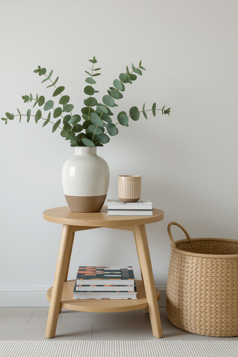 A stylish living room corner featuring a natural wood side table topped with a ceramic vase filled w