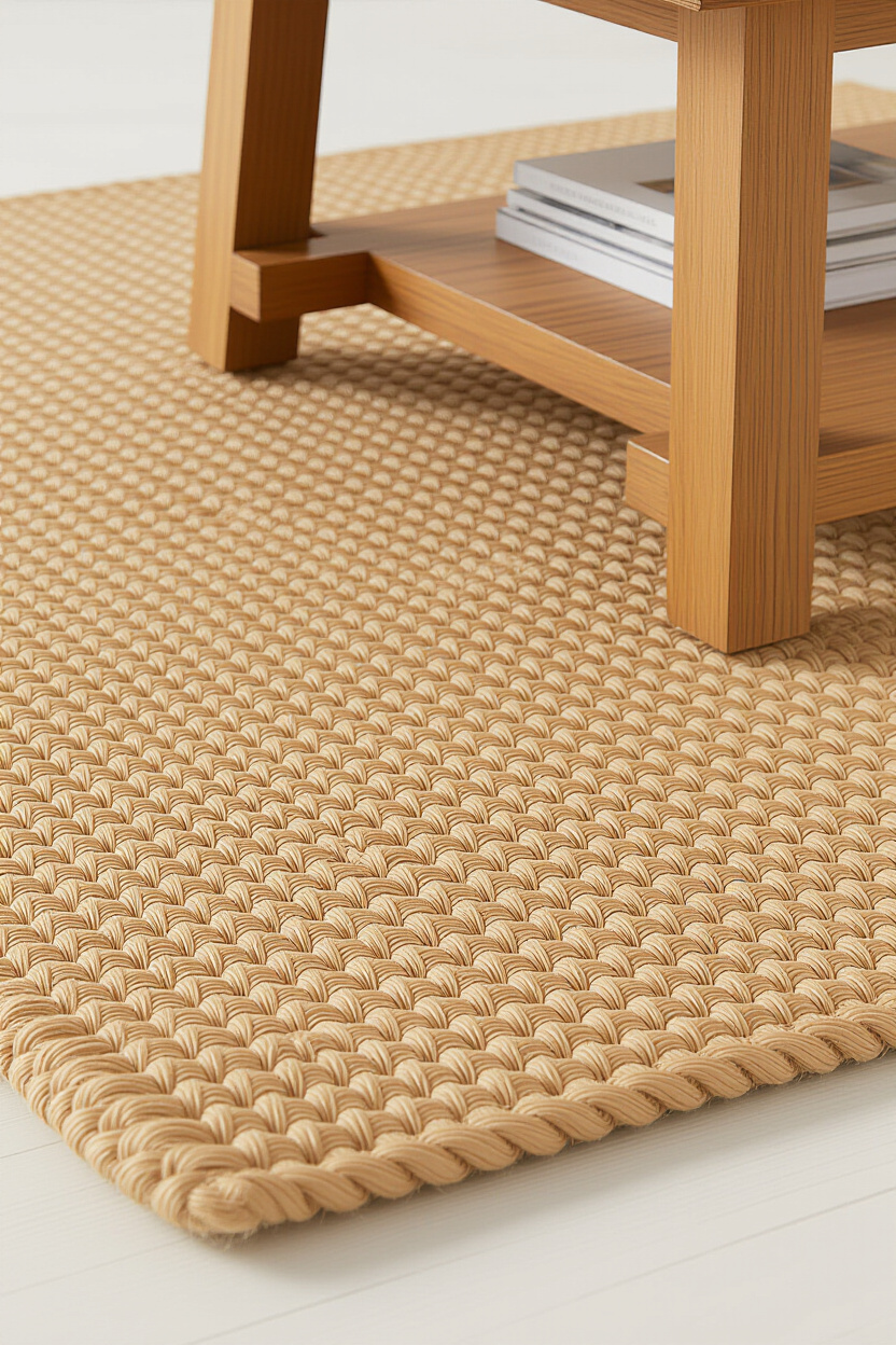 A close-up view of a textured jute rug in a living room. The rug has a natural, slightly uneven weav