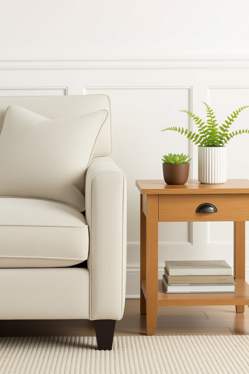 A close-up of a comfortable linen sofa in a warm beige color. A natural wood side table with a few b