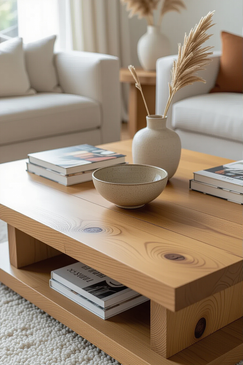 A close-up shot of a beautiful wooden coffee table with a natural grain visible. A few decorative it