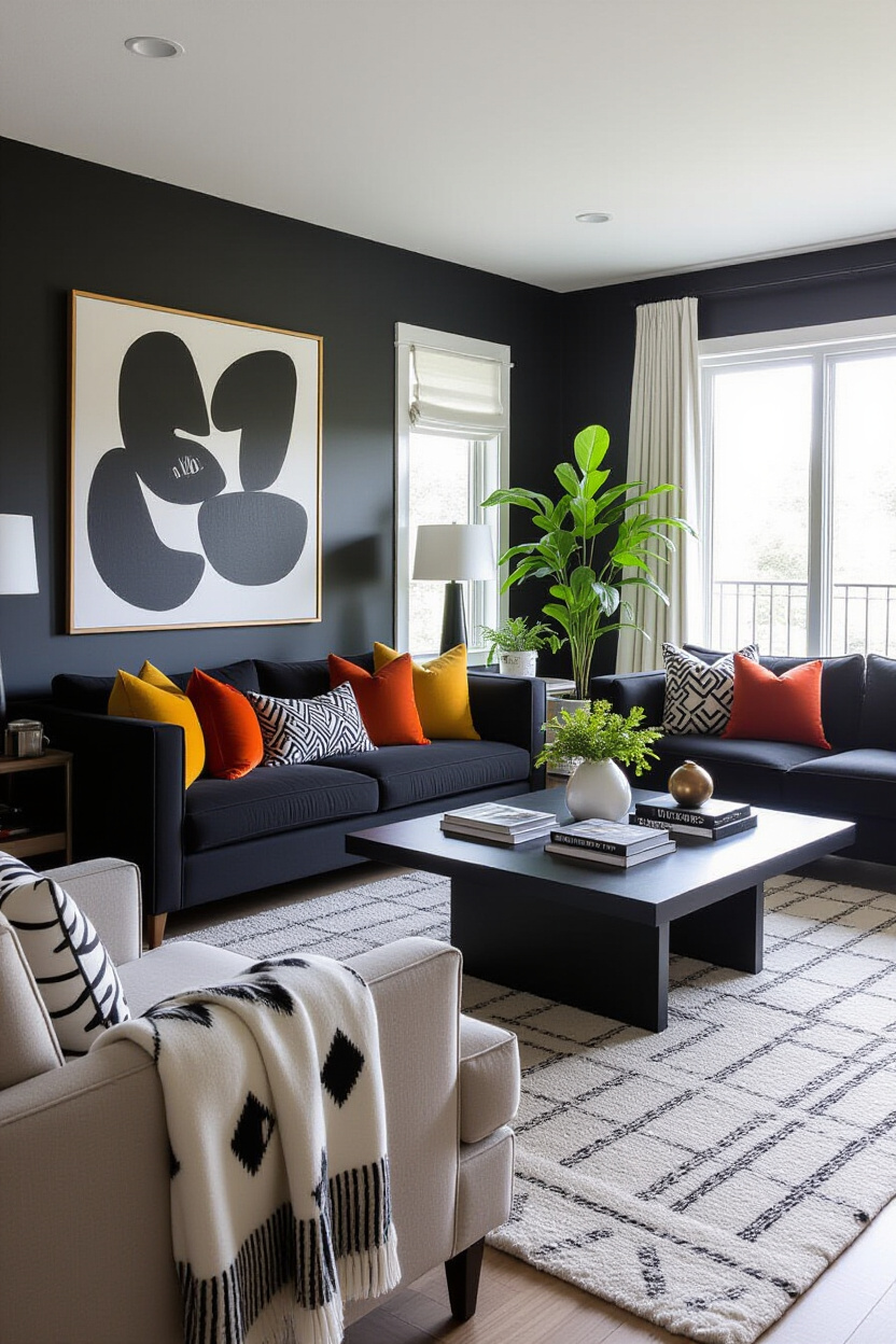 Elegant Black and White Living Room Decor with Pops of Color