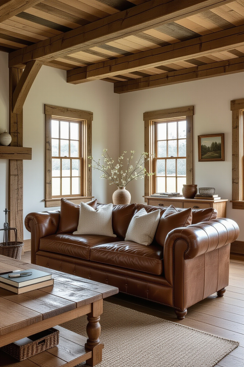 Farm House Living Room with Brown Couch Leather Sofas: Rustic Charm