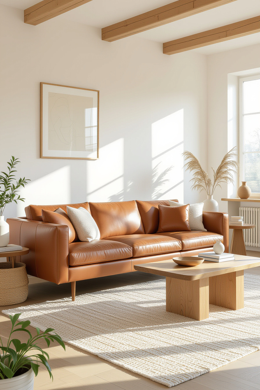 Light Brown Leather Couch Living Room Decor: Bright & Airy Vibes