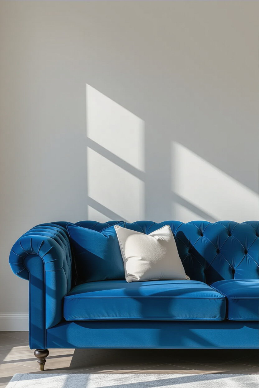 Architectural photography of an empty living room corner with a focus on a rich sapphire blue velvet