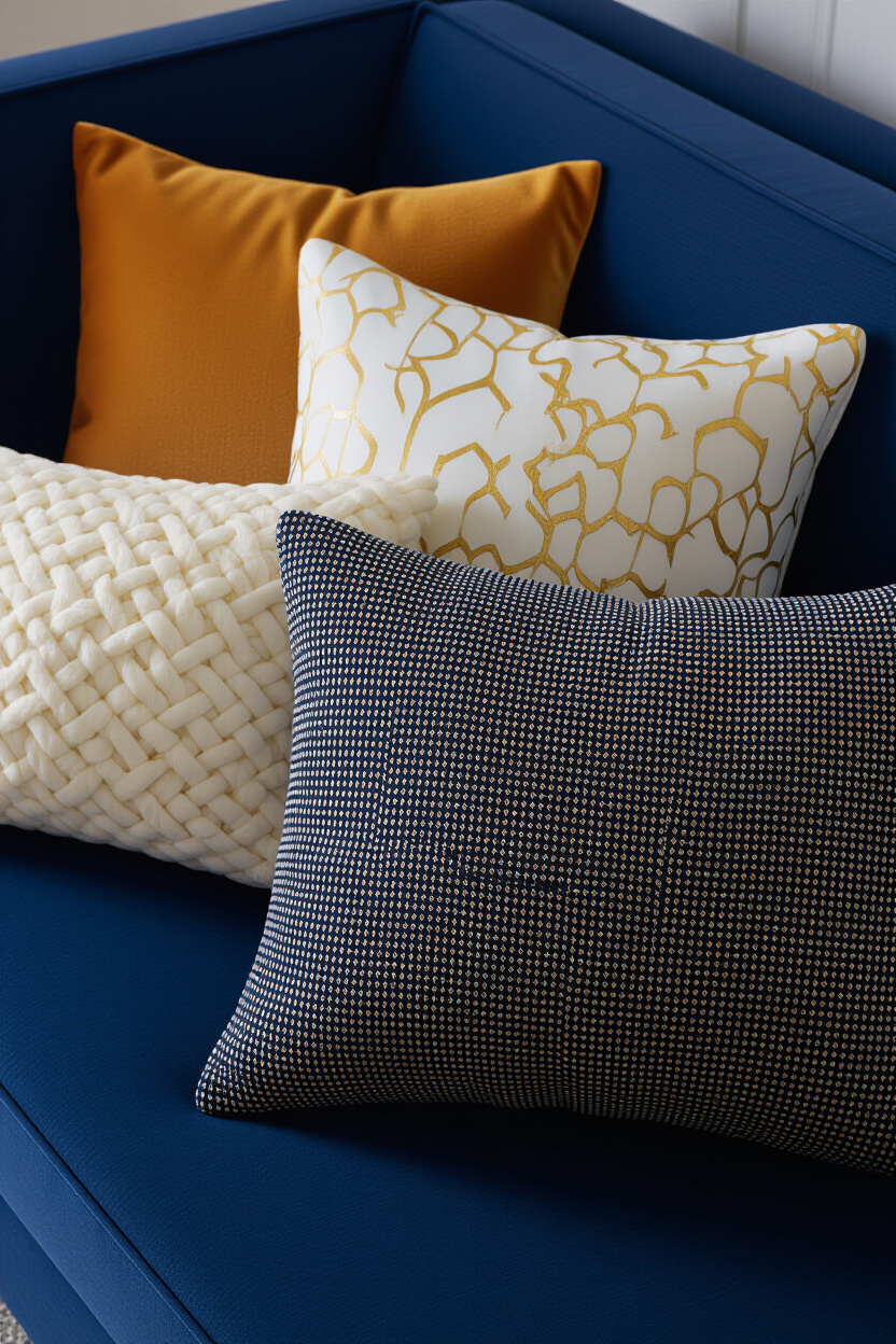 Close-up architectural photograph of a collection of decorative throw pillows arranged on a deep blu