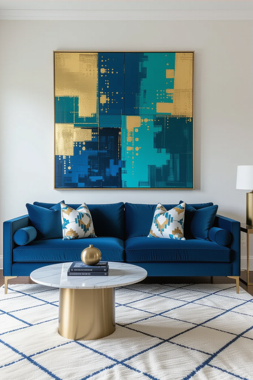 Architectural photography of an empty living room featuring a deep blue sofa. A large abstract paint