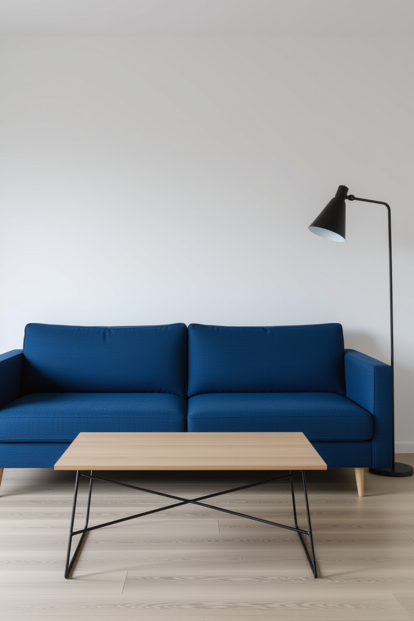 Architectural photography of an empty living room with a deep blue sofa. A light oak coffee table wi