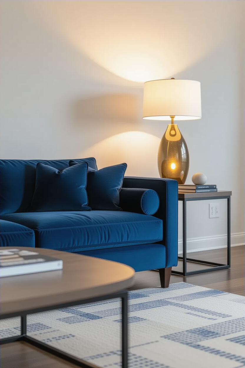 Architectural photography of an empty living room focusing on a deep blue sofa. A warm glow emanates