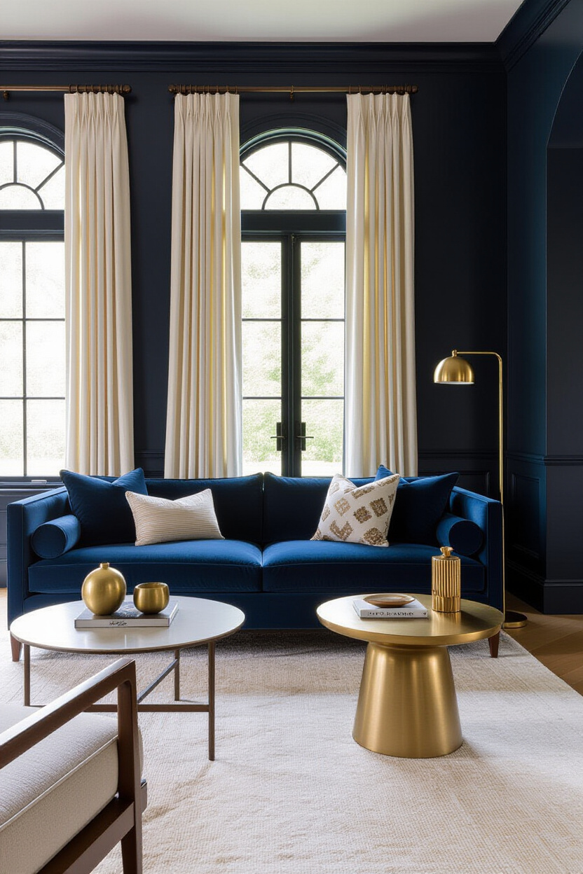 Architectural photography of an empty living room. A deep blue sofa is the central element. Accent e