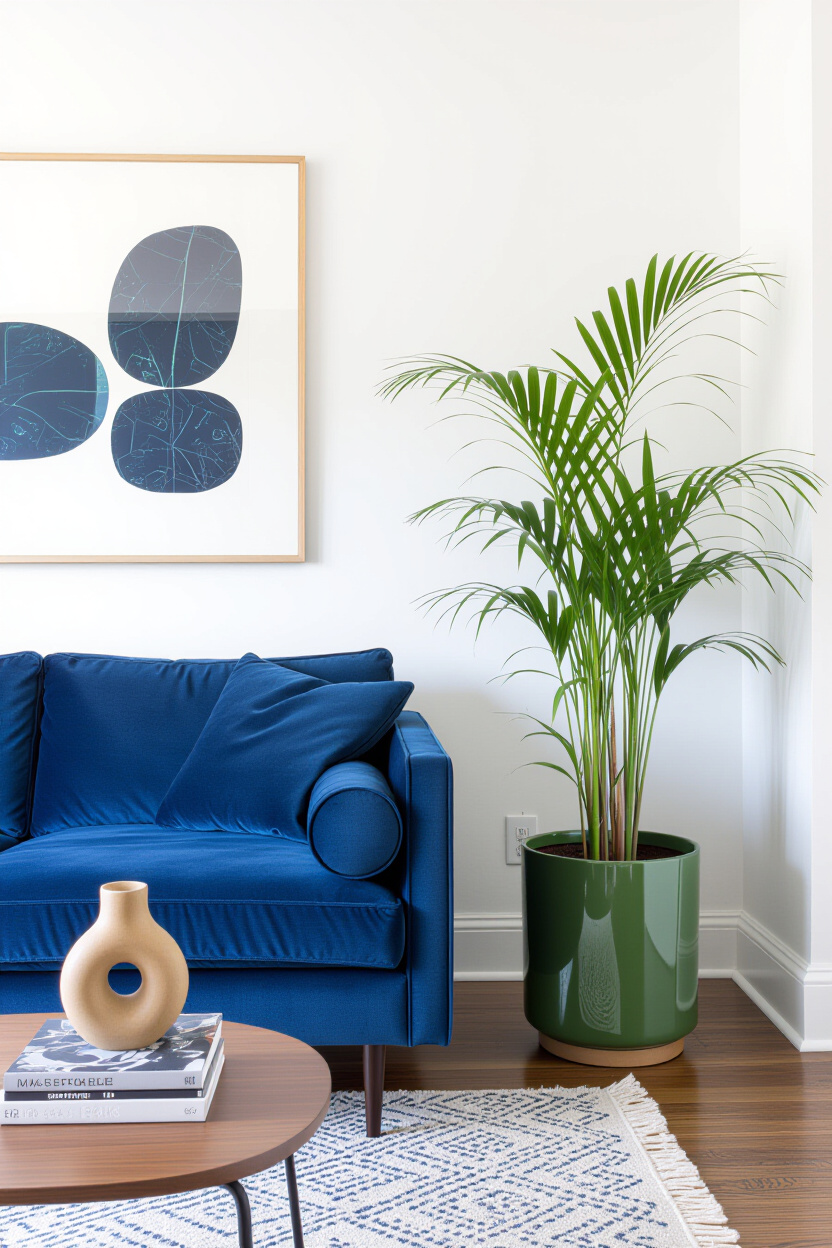 Architectural photography of an empty living room with a deep blue sofa. A lush green potted plant s