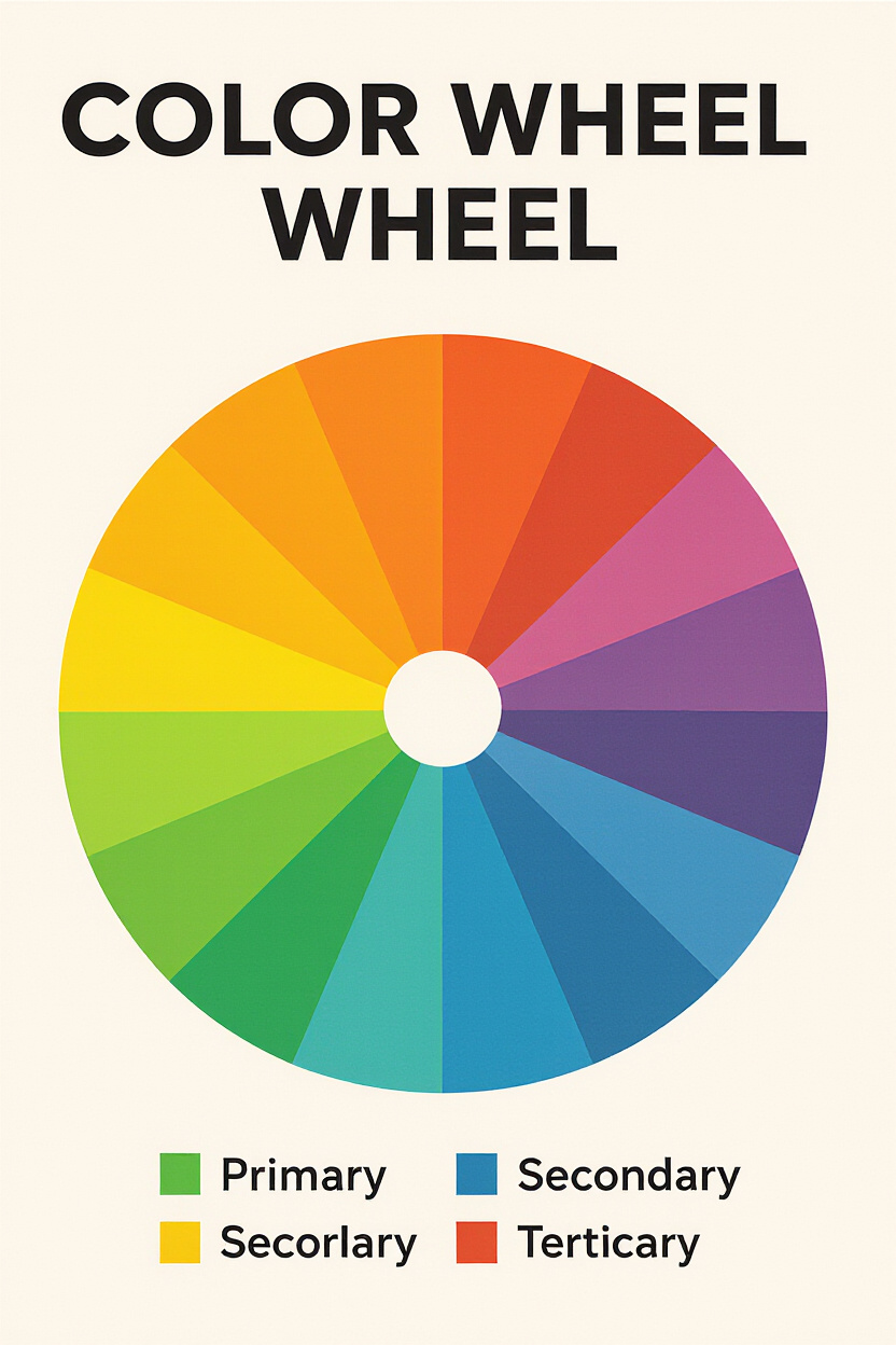 A clean, modern illustration of a color wheel, clearly showing primary, secondary, and tertiary colo