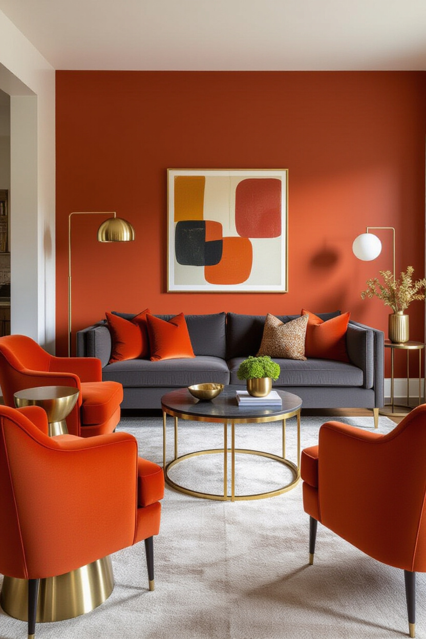 A lively and inviting living room designed for entertaining. A rich, warm terracotta accent wall is 