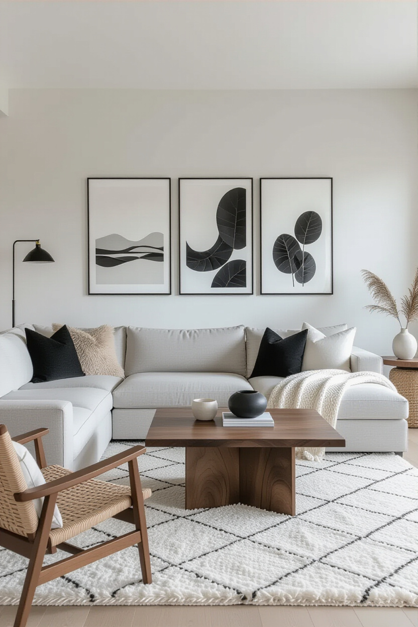 A chic and minimalist living room showcasing a sophisticated neutral palette. A light grey sectional