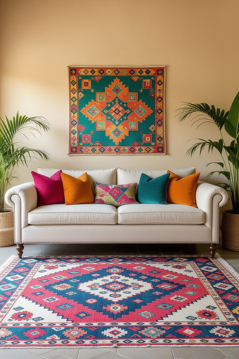 A vibrant and eclectic living room bursting with personality. A richly patterned, colorful rug is th