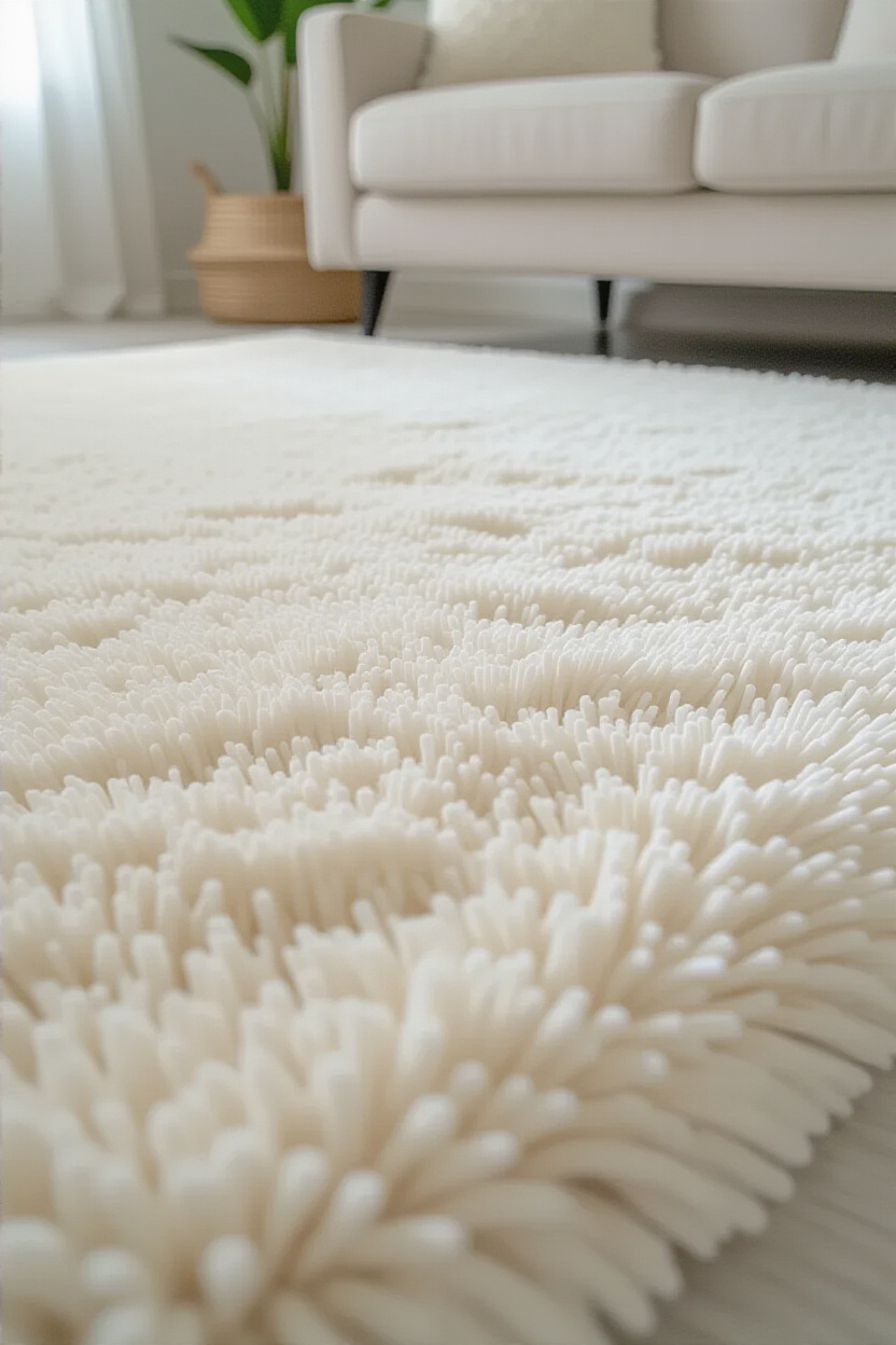 A close-up shot of a plush, deep-pile shag rug in a creamy ivory color, with the fibers visibly soft
