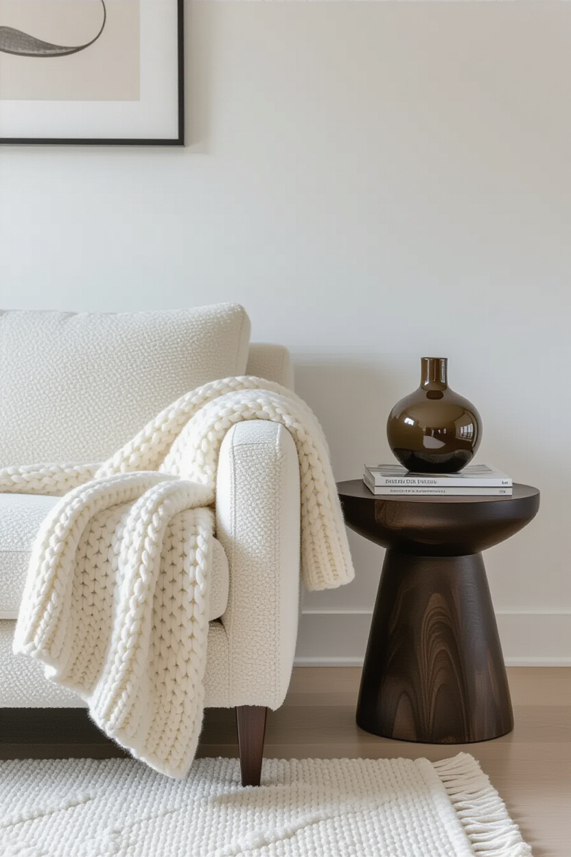 A stylish living room vignette featuring a soft, cream-colored boucle armchair with a chunky knit th