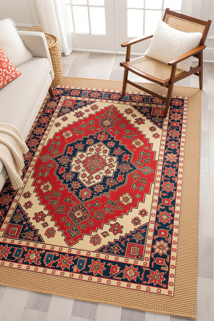 An overhead shot of a layered rug setup in a living room. A large, natural jute rug forms the base, 
