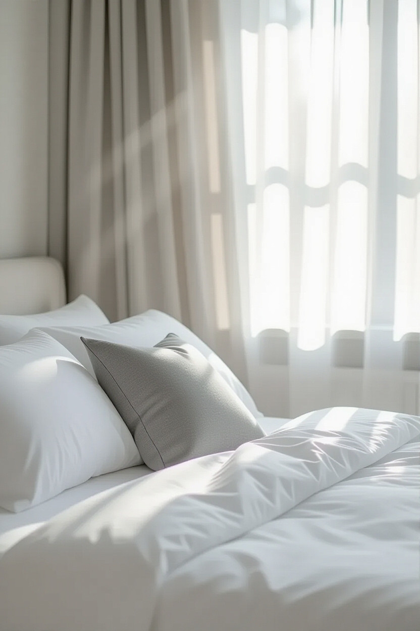 A close-up shot of a neatly made bed with crisp white linen sheets and a single, minimalist grey thr