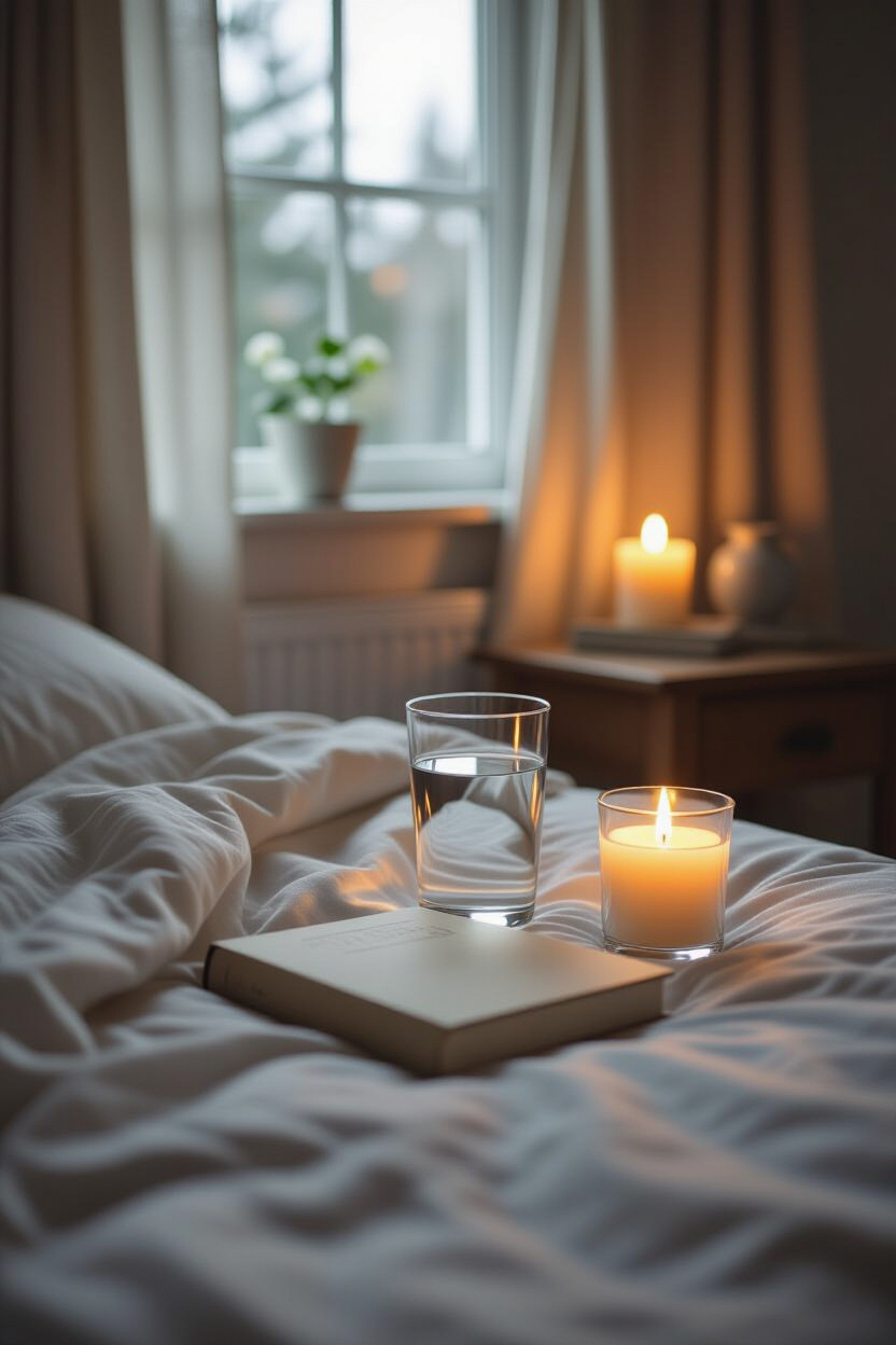 A serene bedside table in a dimly lit bedroom, featuring a neatly placed book, a glass of water, and