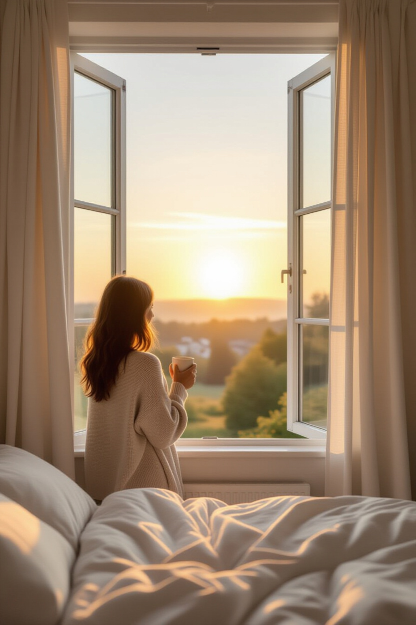 A person standing by an open window in a minimalist bedroom, looking out at a peaceful sunrise. They