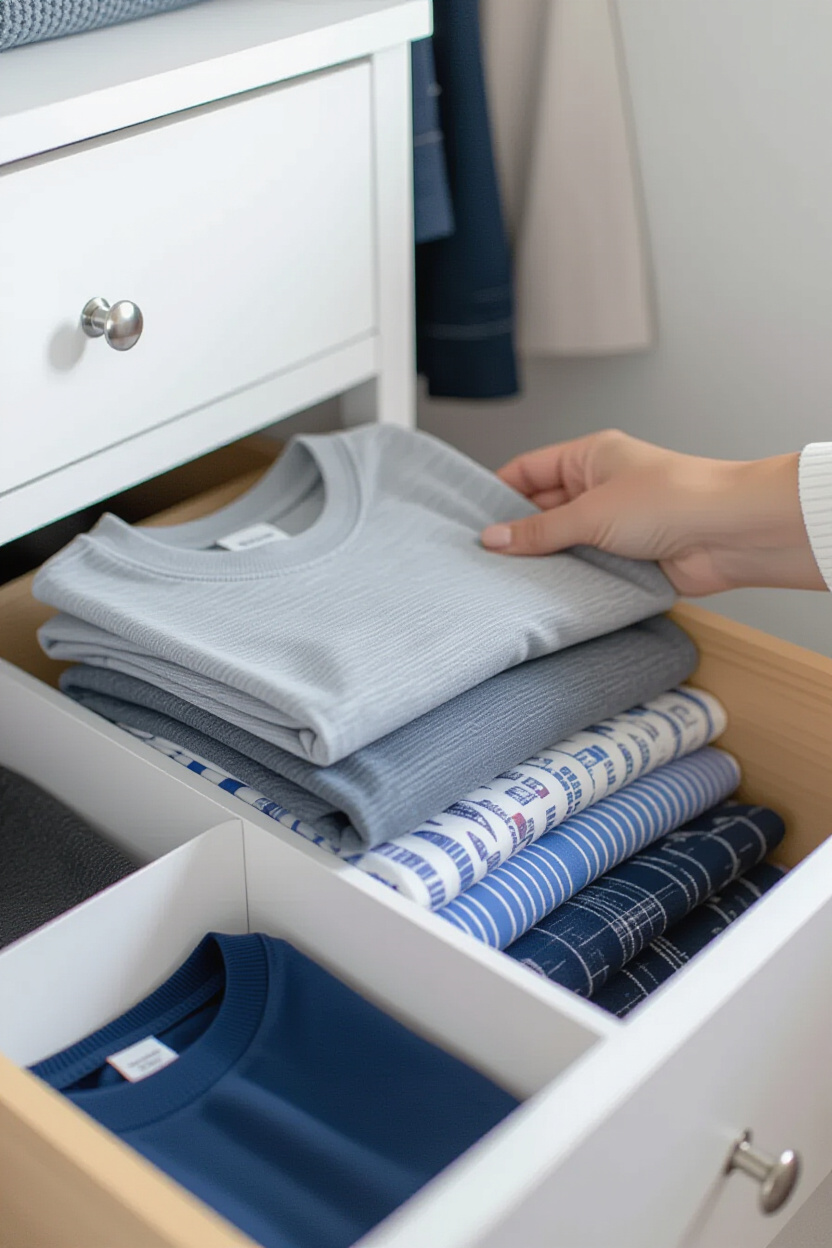 A hand holding a small stack of neatly folded t-shirts, one by one, placing them into a decluttered 
