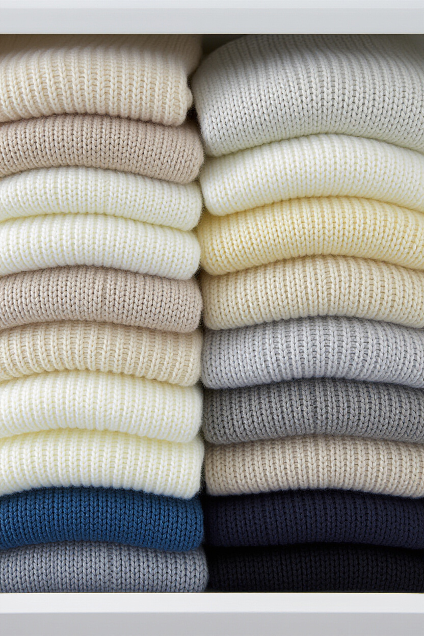 A collection of neatly organized sweaters folded using the KonMari method, stacked vertically in a c