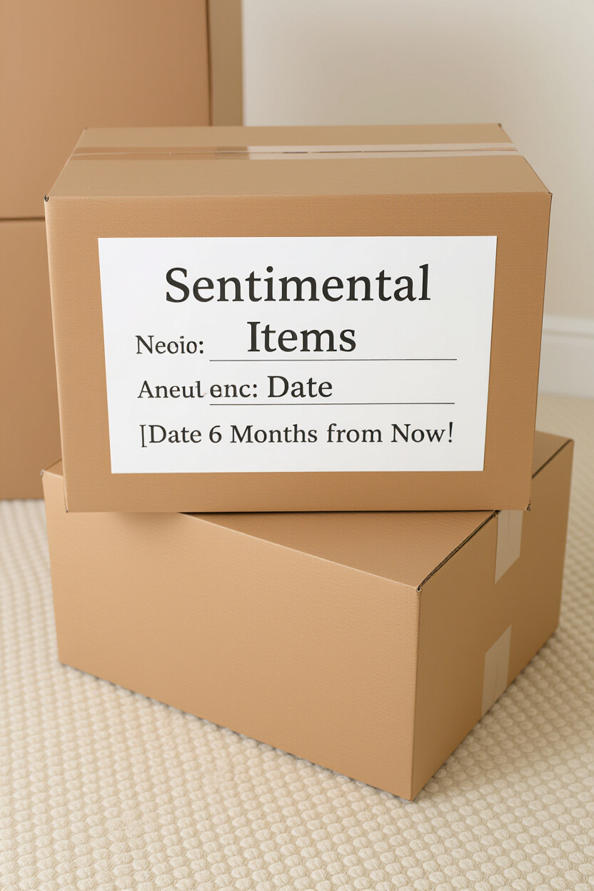 A neatly labeled cardboard box with 