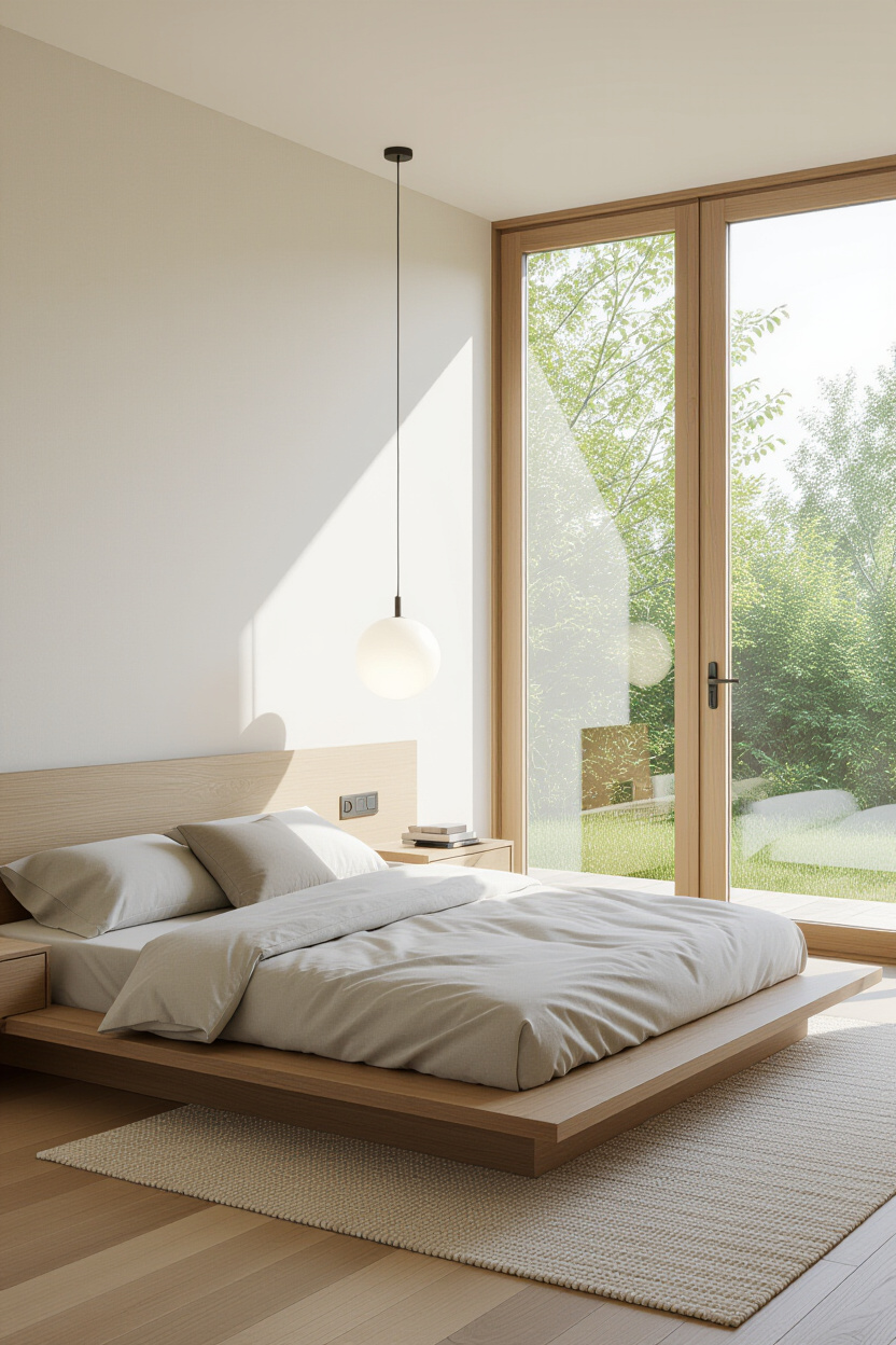 A beautifully styled minimalist bedroom with a low-profile bed, natural wood accents, and soft, diff