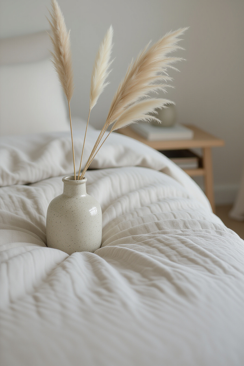 A close-up of a textured linen duvet cover in a soft oat color, with a few dried pampas grass stems 