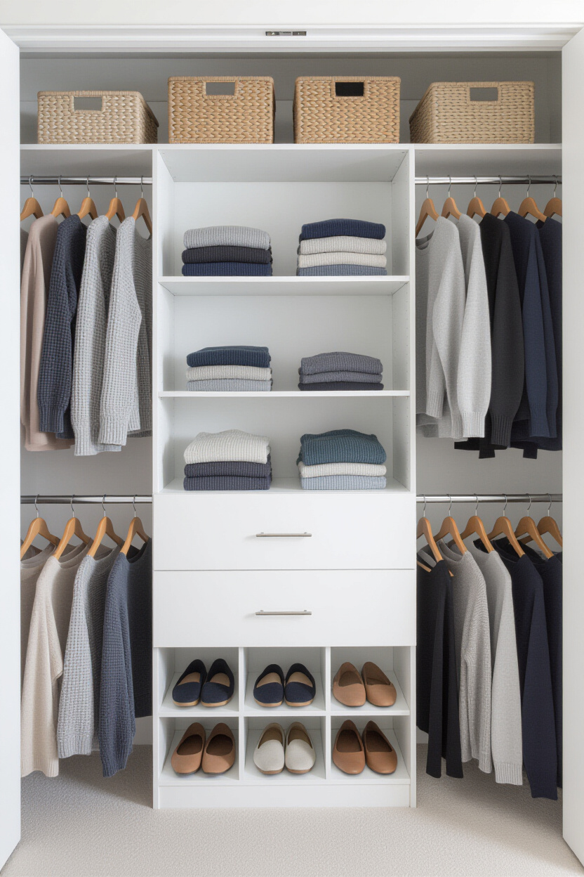 An open, organized closet with minimalist wooden hangers, neatly folded sweaters on shelves, and sho