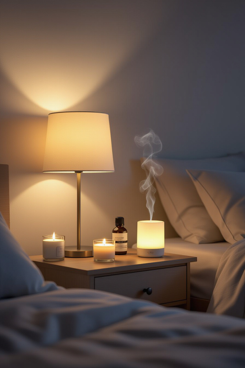 A dimly lit bedroom with a bedside lamp casting a warm, soft glow. A few candles are artfully placed