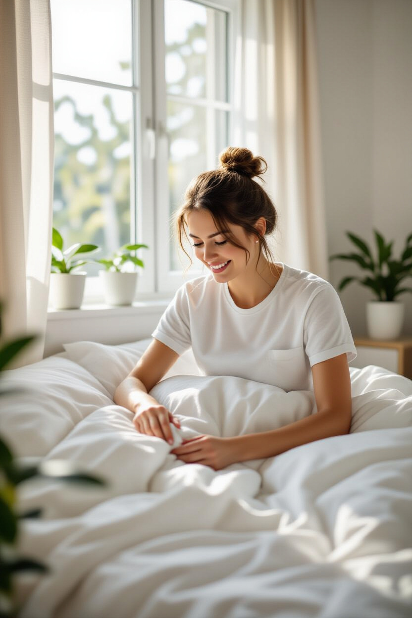A person calmly making their bed with fresh white linens, a small smile on their face, in a beautifu