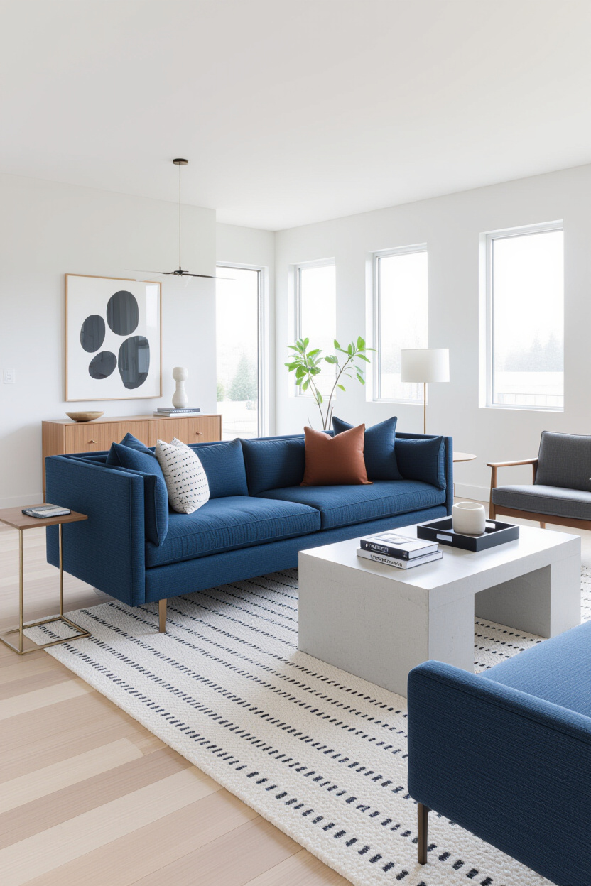 Modern Living Room Blue Couch Styling