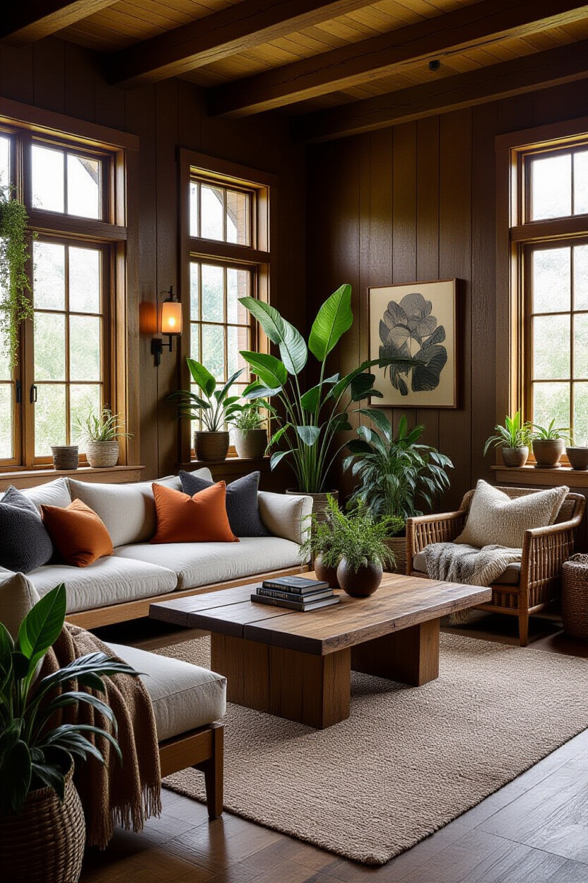 Moody Boho Living Room: Plants & Wood