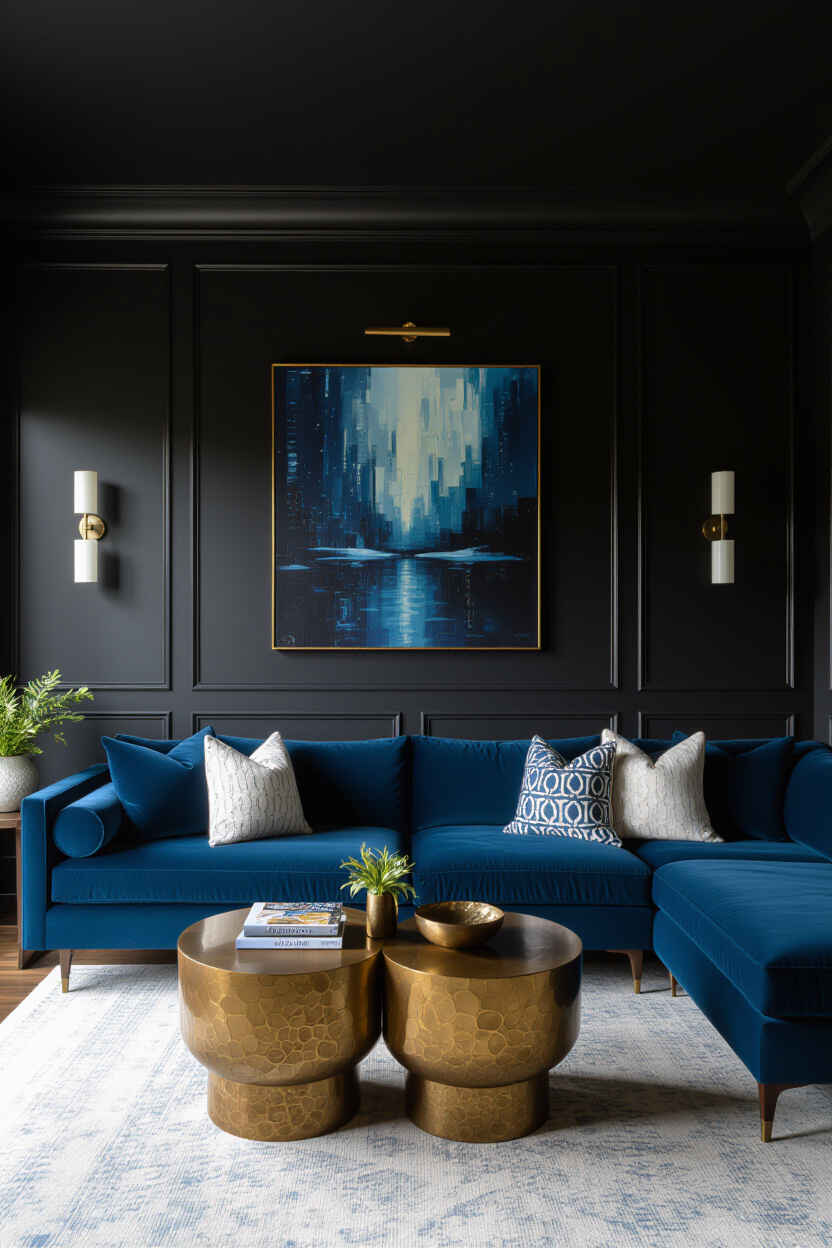 Moody Living Room: Dark Blue Couch Design