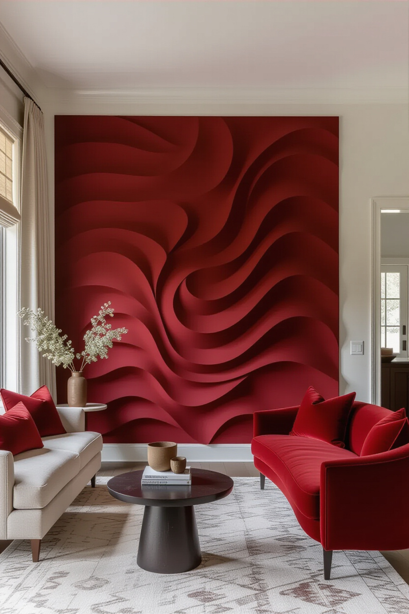 Rich Burgundy Living Room 3D Accent Wall