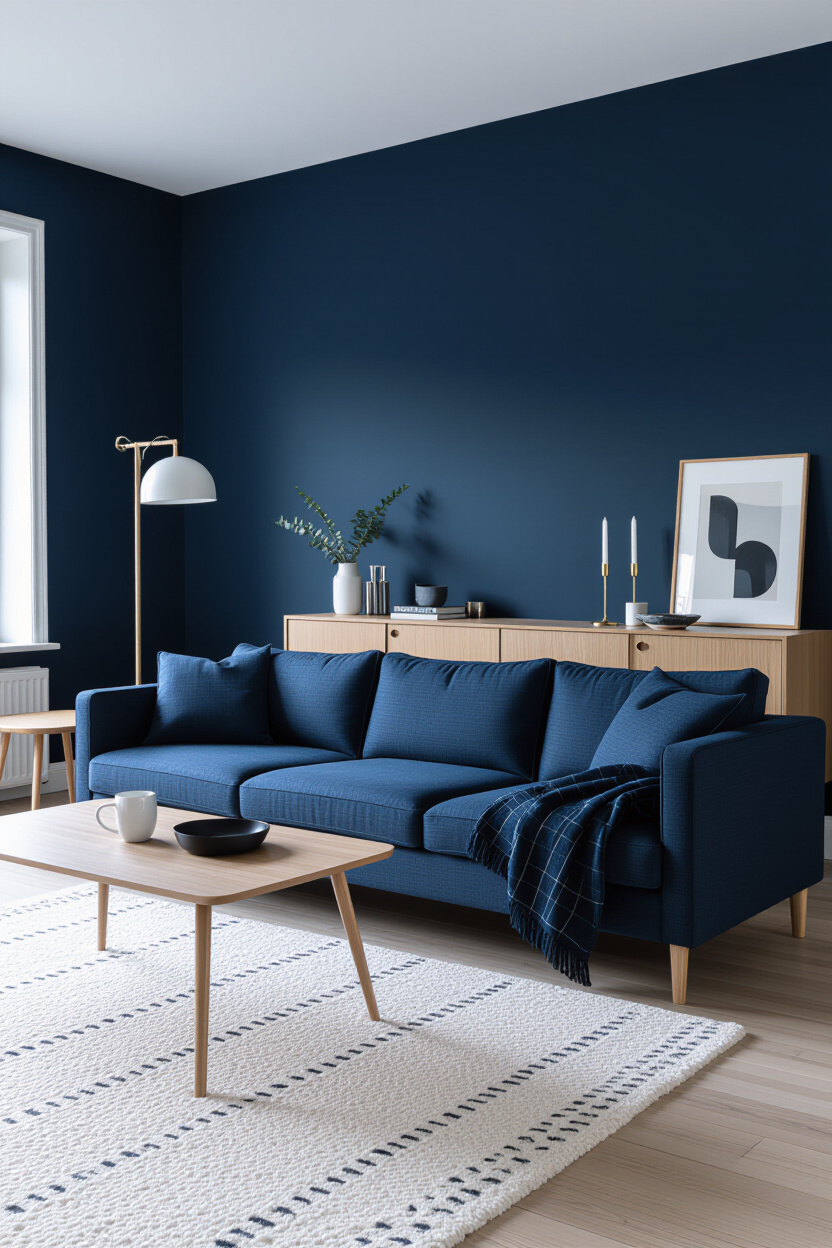 Scandinavian Living Room: Navy Blue Sofa Styling